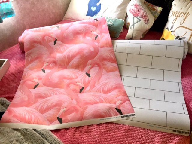 Vanity area Flamingo wallpaper and Subway tile Kitchen wallpaper